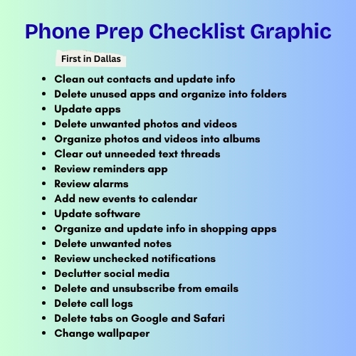 Phone Prep Checklist Graphic first in dallas
