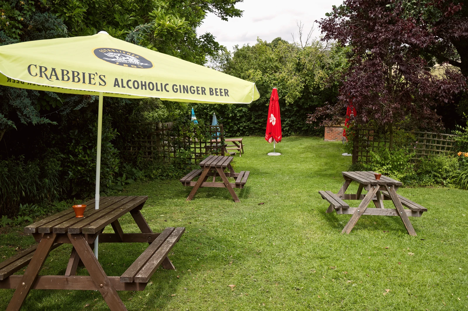Beer garden patio with picnic tables and shade