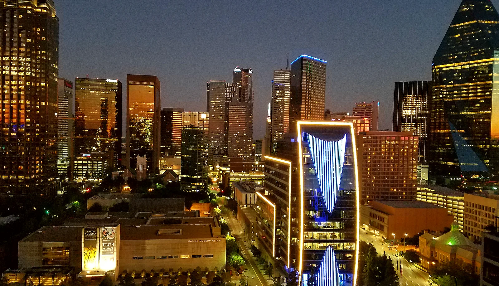 Dallas skyline at night near the Harwood District
